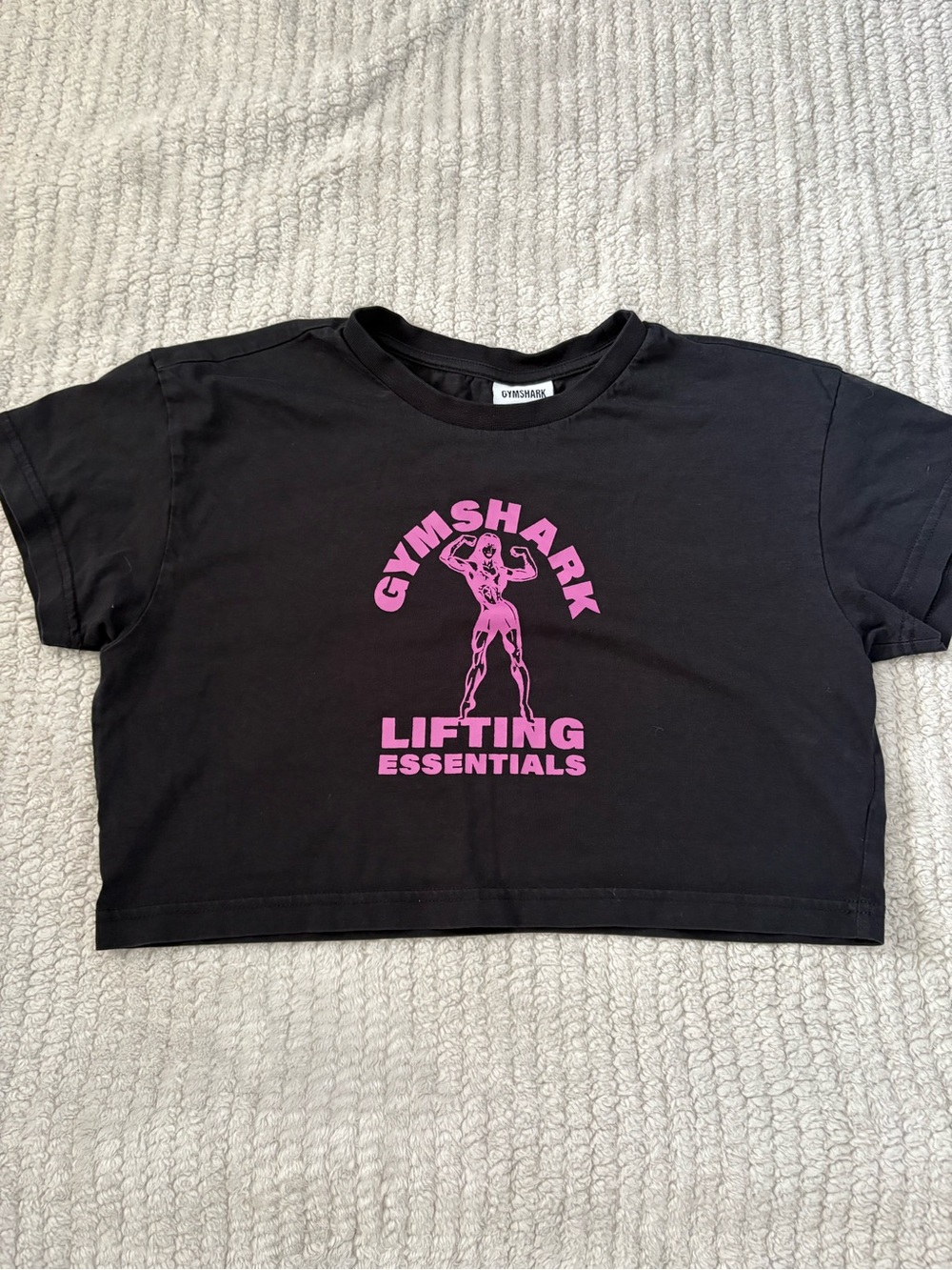 Gymshark Black Crop Tee with Pink "Lifting Essentials" Graphic